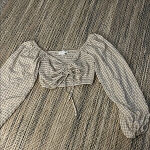 Elegant Beige Gingham Blouse with Puff Sleeves